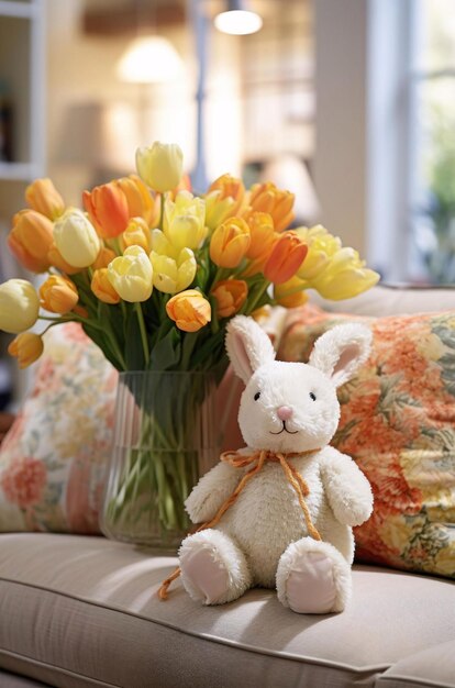 Photo teddy bear on bed teddy bear with flowers