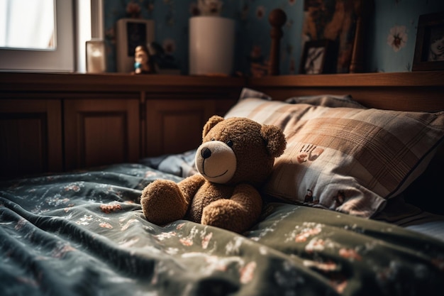 A teddy bear on a bed with a pillowcase that says'happy birthday '