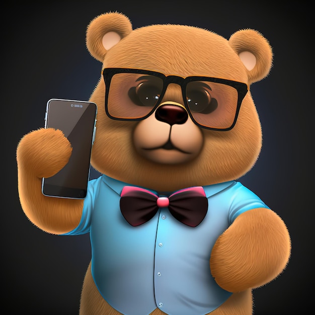 A teddy bear on a black background in glasses makes a selfie 3d illustration