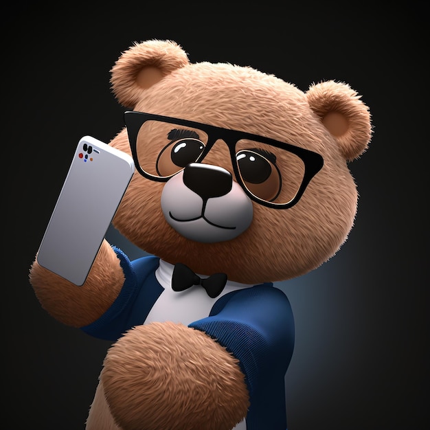 A teddy bear on a black background in glasses makes a selfie 3d illustration