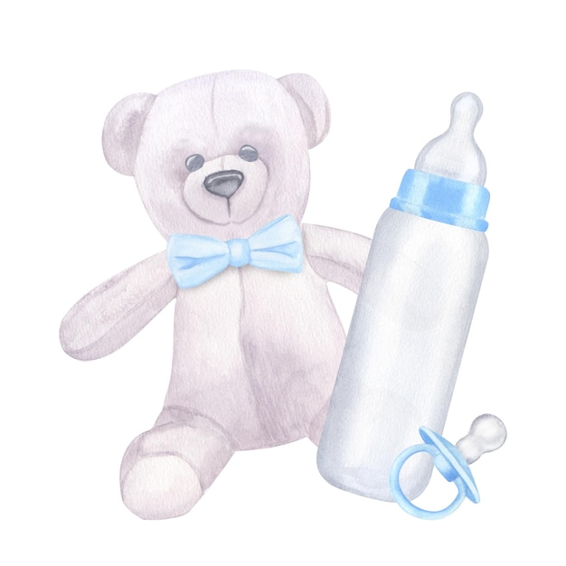 Teddy bear blue bow milk bottle pacifier newborn boy Hand drawn watercolor illustration isolated