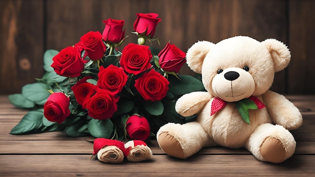 A teddy bear and a bouquet of roses