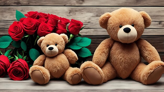 A teddy bear and a bunch of roses