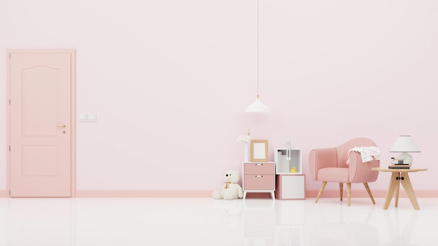분홍색 벽 .3D 렌더링에 어린이 방에 곰