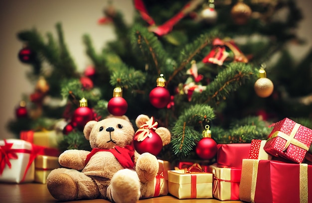 Teddy bear and Christmas gifts, in the background a Christmas tree