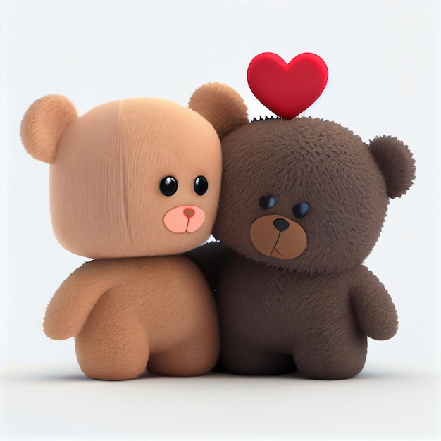 Teddy bear couple in love with heart valentine's day card 3d render illustration