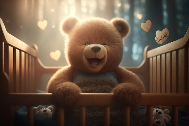 A teddy bear in a crib with hearts on the wall