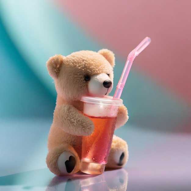 Foto orso di peluche che beve succo da un bicchiere su uno sfondo colorato