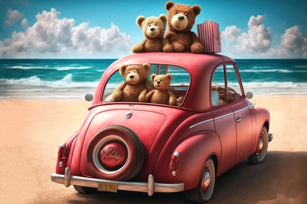 Teddy bear family in a car sandy beach and ocean background summer holidays Generative AI