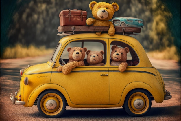 Teddy bear family in a car sandy beach and ocean background summer holidays Generative AI