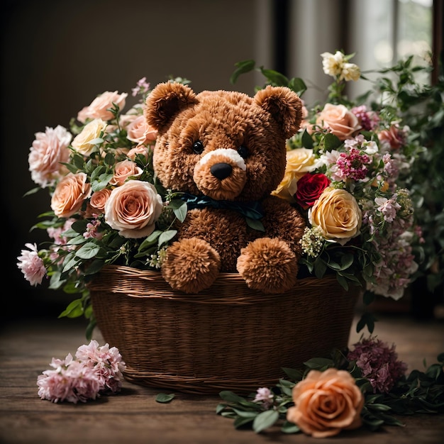 Мишка Тедди в цветочной корзине