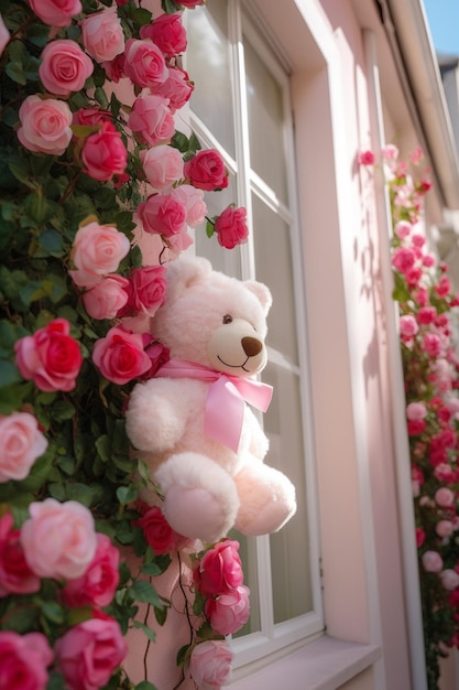 A teddy bear hangs on a wall with pink flowers.