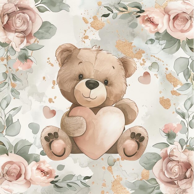 Foto orso di peluche e cuore clipart marmo a disegno floreale