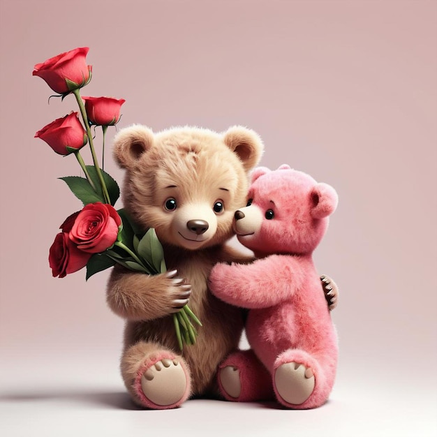 A teddy bear holding a bunch of roses with a pink teddy bear