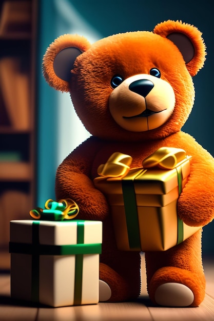A teddy bear holding a gift box next to a box that says'happy birthday '