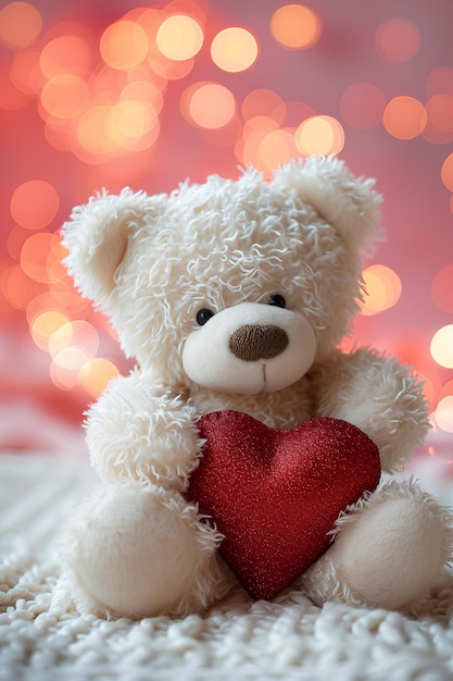A teddy bear holding a heart on a bed with a pink background and lights in the background