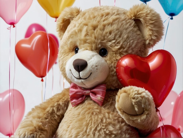 a teddy bear holding a heart shaped balloon in front of a bunch of balloons