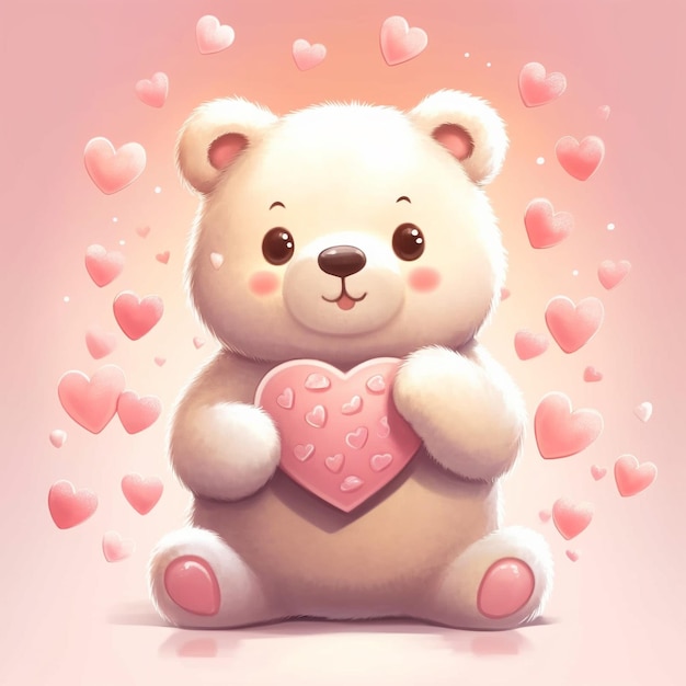 a teddy bear holding a heart shaped box with many hearts behind it