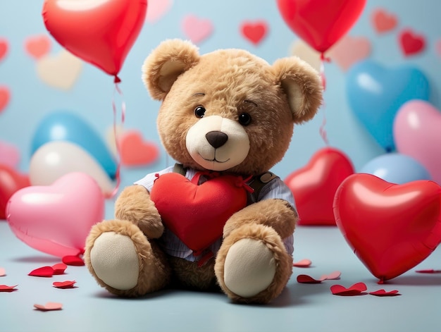 a teddy bear holding a heart surrounded by balloons and confetti
