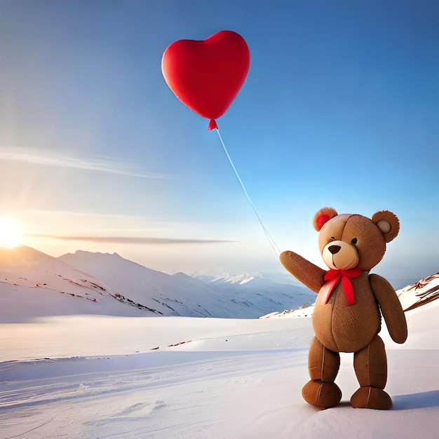 A teddy bear holding a red heart balloon