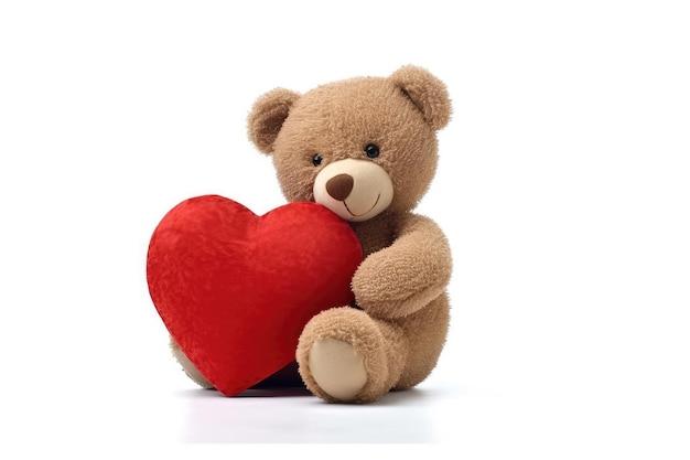 Teddy bear holding red heart on white background