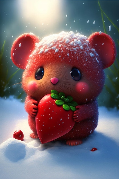 Teddy bear holding a strawberry in the snow generative ai