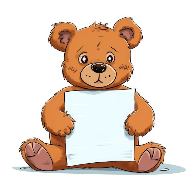 A teddy bear holding a white sheet of paper.