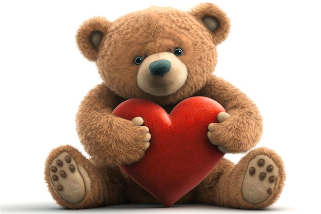 Photo teddy bear holds a red heart in his paws front view