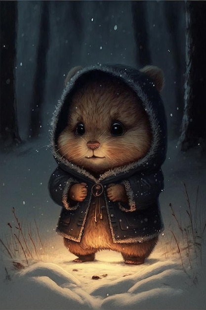 Teddy bear in a hoodedie standing in the snow generative ai