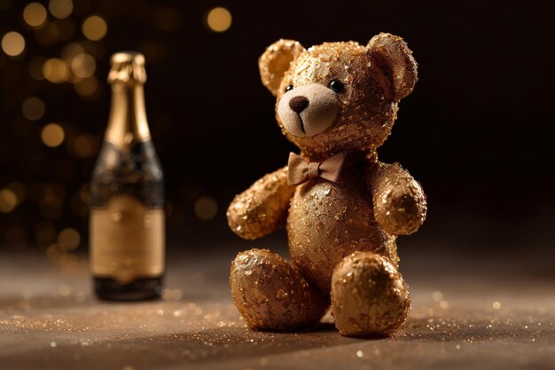 A teddy bear is next to a bottle of champagne