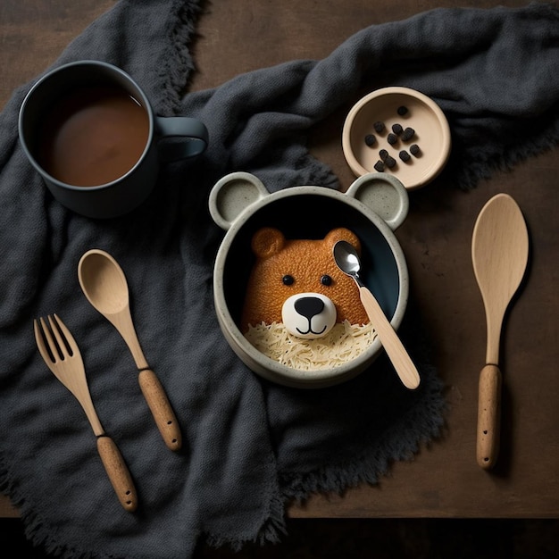 A teddy bear is in a bowl with some spoons and a napkin.