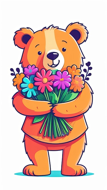 плюшевый медведь держит букет цветов, изолированный на пастельном фоне Концепция дня рождения и теплоты привязанности, поскольку плюшевой медведь является символом любви и комфорта цветы добавляют прикосновение красоты цвета