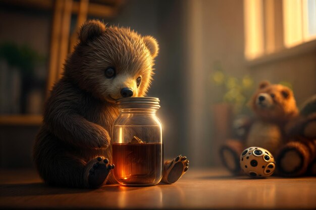 a teddy bear is looking at a jar of honey