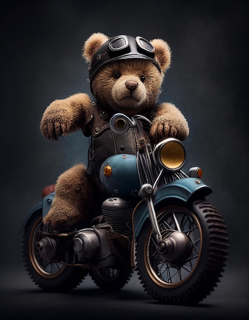 A teddy bear is riding a motorcycle with a helmet on.