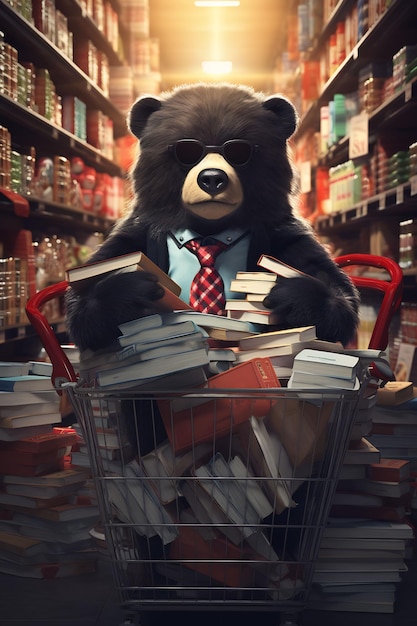 a teddy bear is riding a shopping cart full of books and is surrounded by books