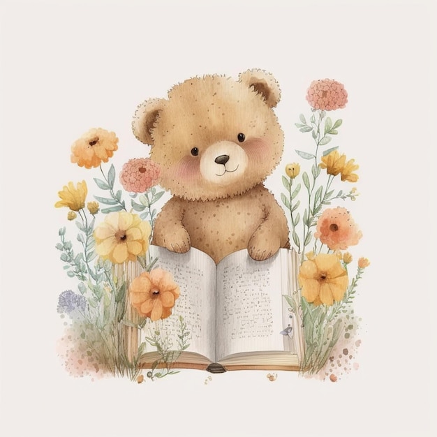 A teddy bear is sitting on a book and is surrounded by flowers.