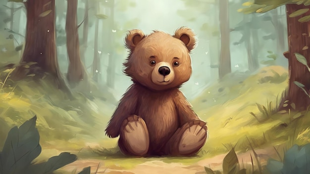 teddy bear is sitting in a forest