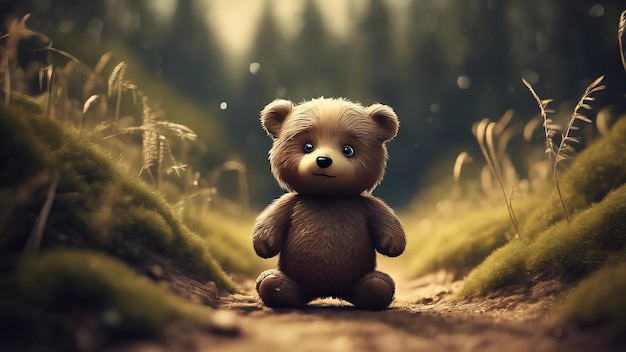 teddy bear is sitting on a path in a forest