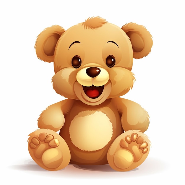 A teddy bear is sitting on a white background with the word teddy on it.