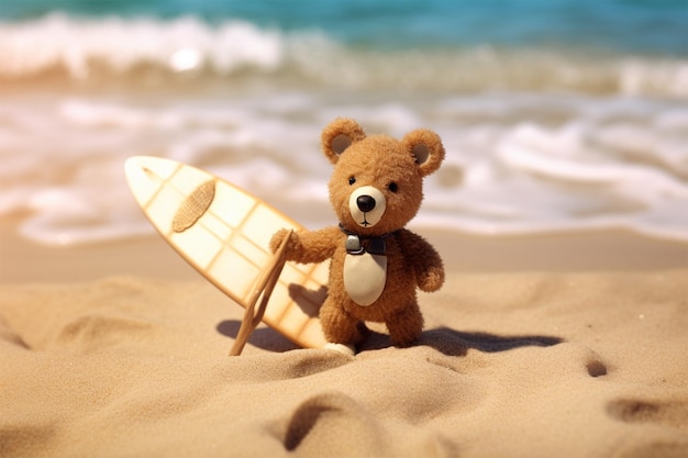 A teddy bear is on a surfboard