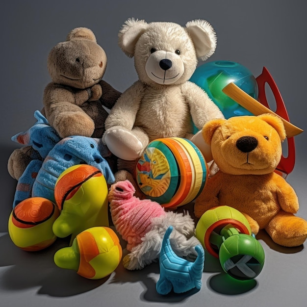 A teddy bear is surrounded by other stuffed animals and toys.