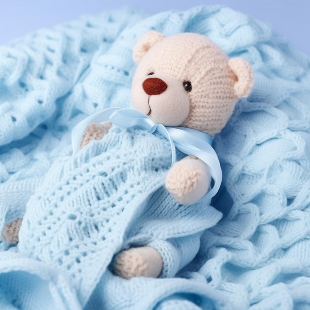 A teddy bear is wrapped in a blue blanket.