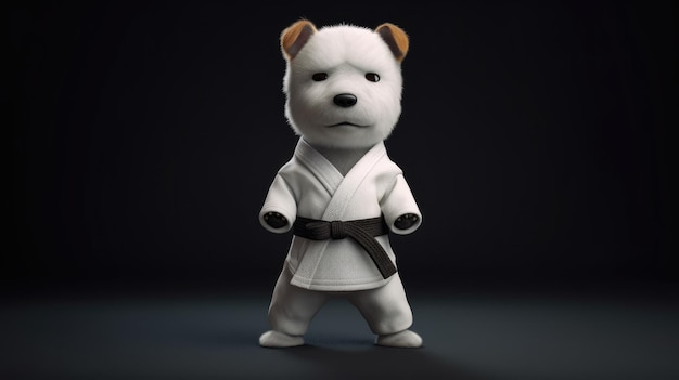 A teddy bear in a karate outfit stands in a dark room.