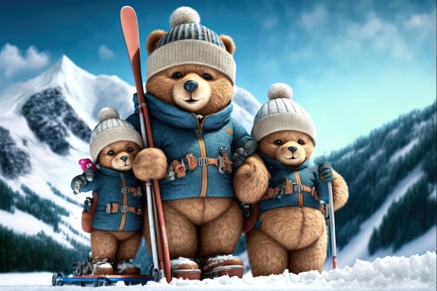 Teddy bear kids dad in ski resort family Winter holidays snowy background Generative AI