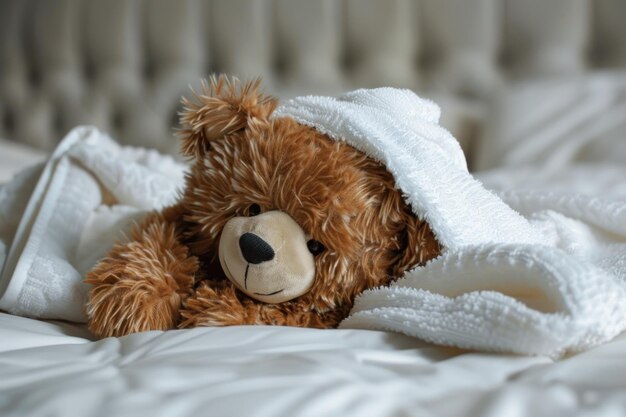 Foto orso di peluche sdraiato a letto e che si sente male ai generative