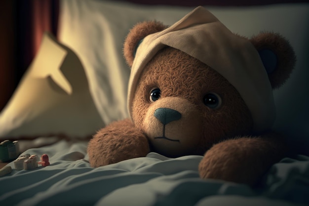 Teddy bear laying in bed and feeling sick