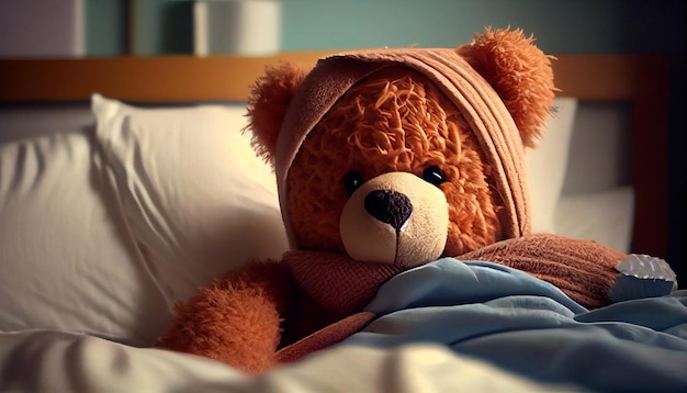 A teddy bear lies in bed under a blanket Generative AI