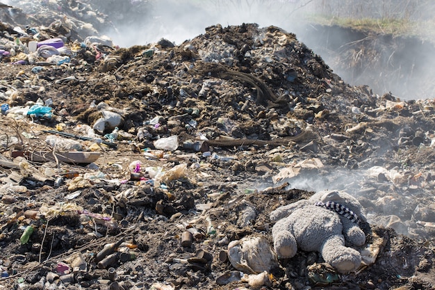 A teddy bear lies thrown away in the middle of a garbage fuming landfill