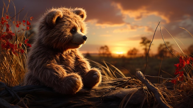 Teddy bear looking sunset