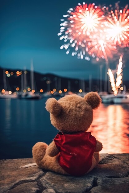 A teddy bear looks at fireworks at the end of a pier.